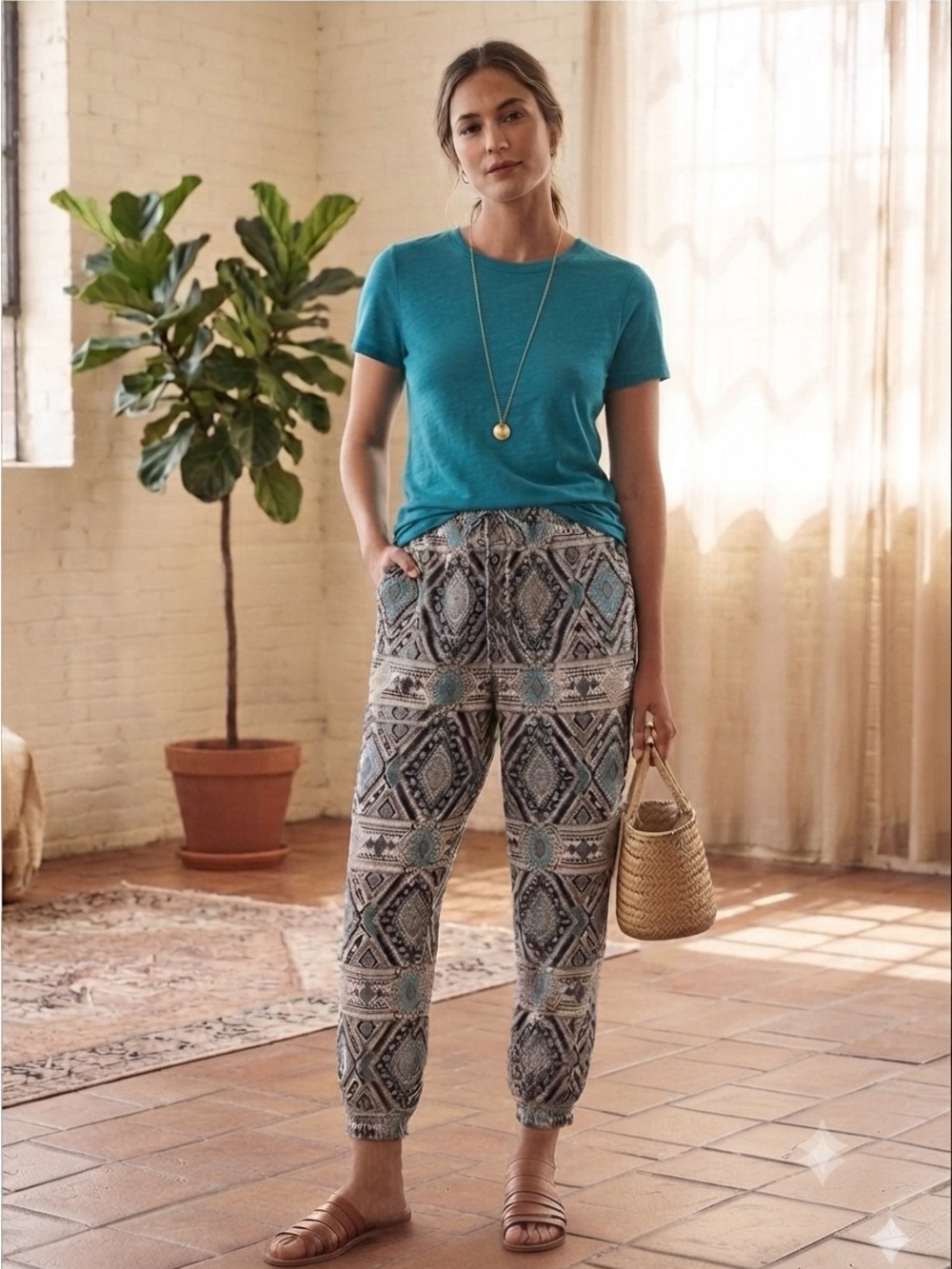 Mudd Geometric Print Drawstring Pants in Teal, Black & Brown